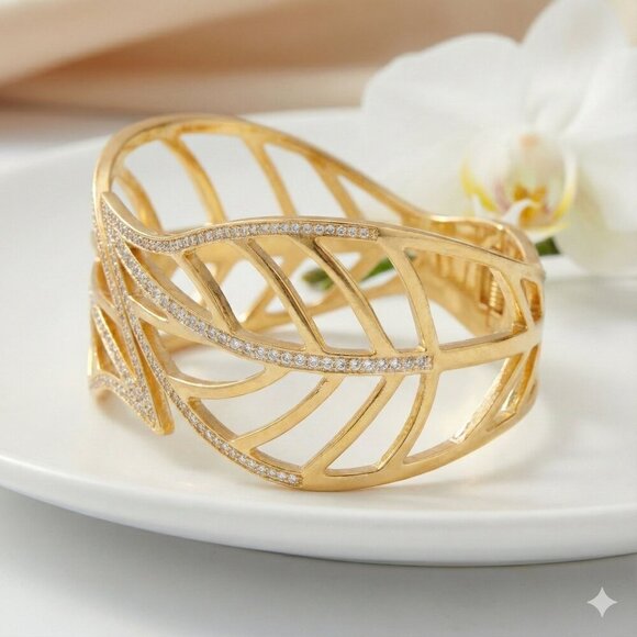 Gold Leaf Cuff Hinged Bracelet | 18K Gold Plated Stainless Steel | Sparkling - Picture 8 of 11